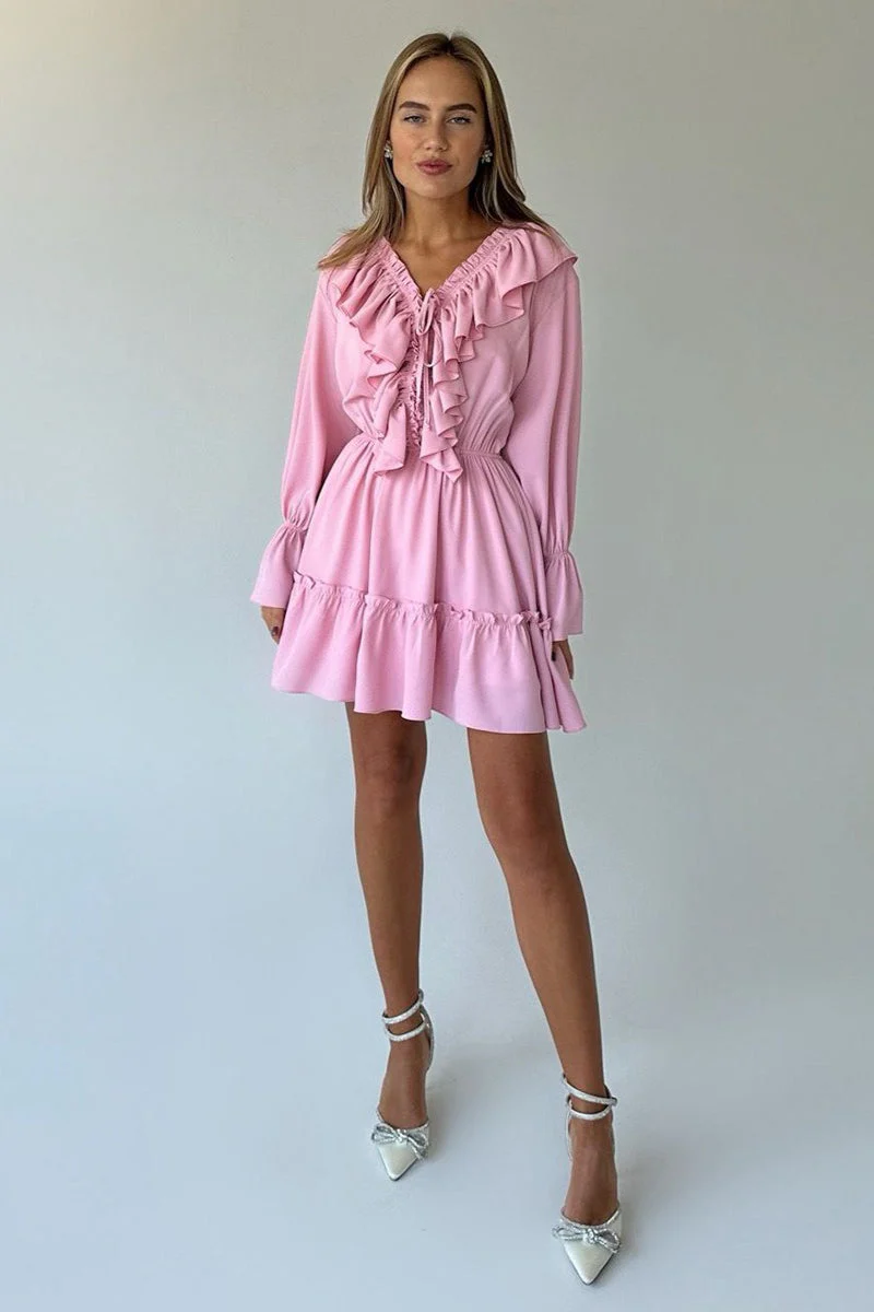 Chiffon V Neck Flared Sleeve Mini Dress - Image 11