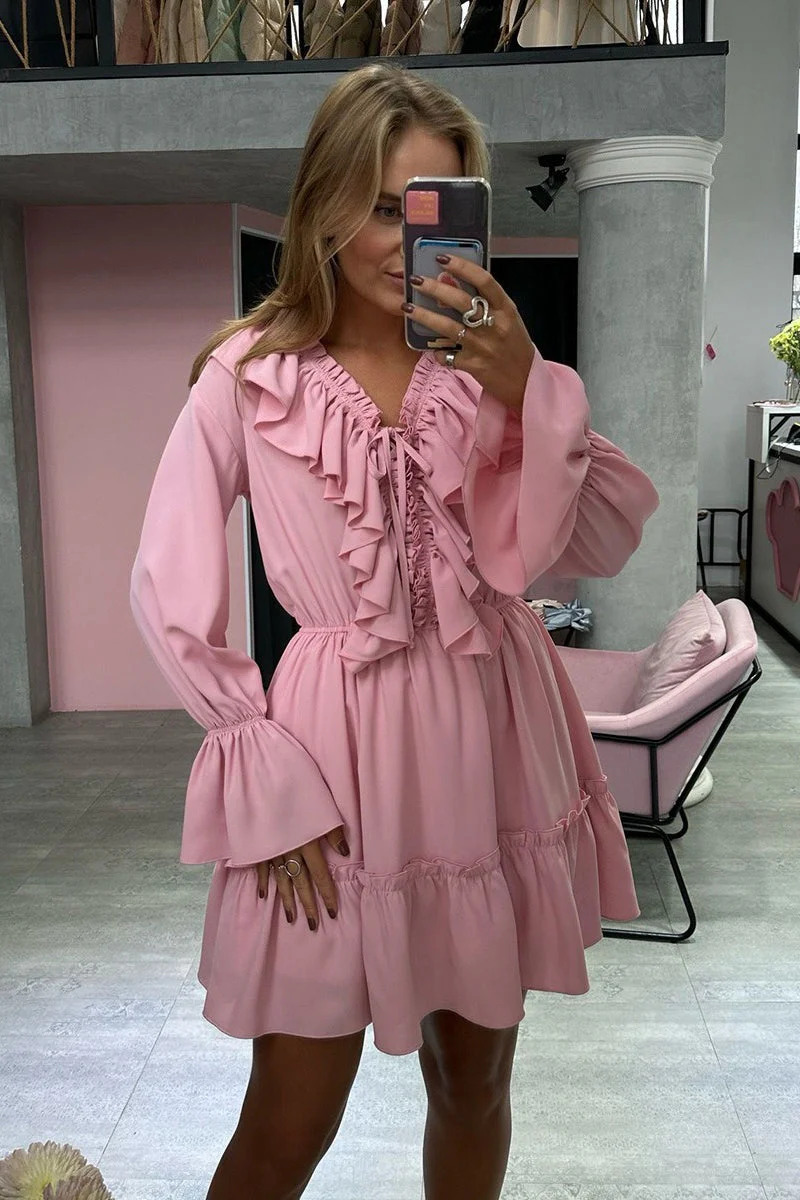 Chiffon V Neck Flared Sleeve Mini Dress - Image 12