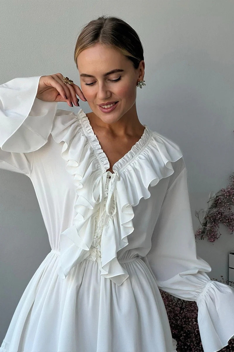 Chiffon V Neck Flared Sleeve Mini Dress - Image 3