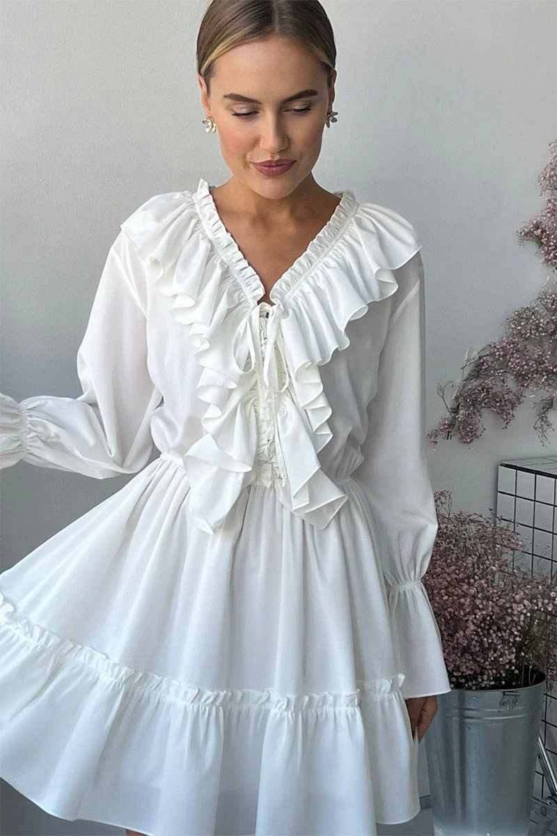 Chiffon V Neck Flared Sleeve Mini Dress - Image 4