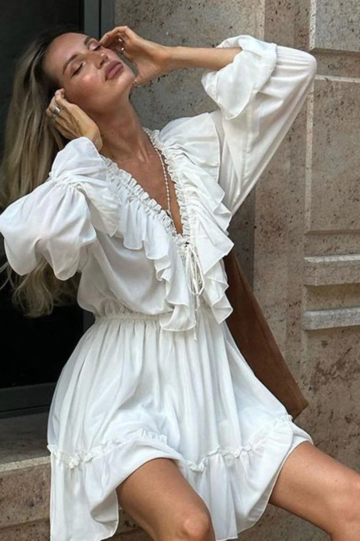 Chiffon V Neck Flared Sleeve Mini Dress - Image 7