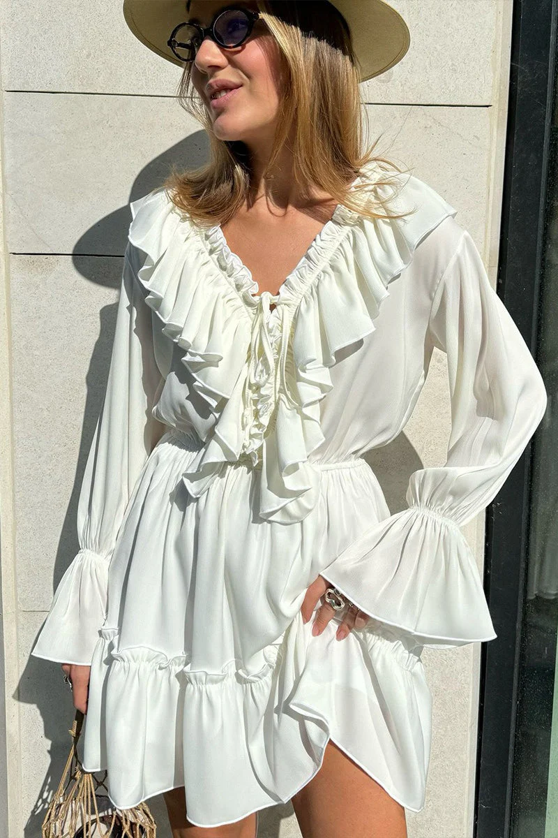 Chiffon V Neck Flared Sleeve Mini Dress - Image 8