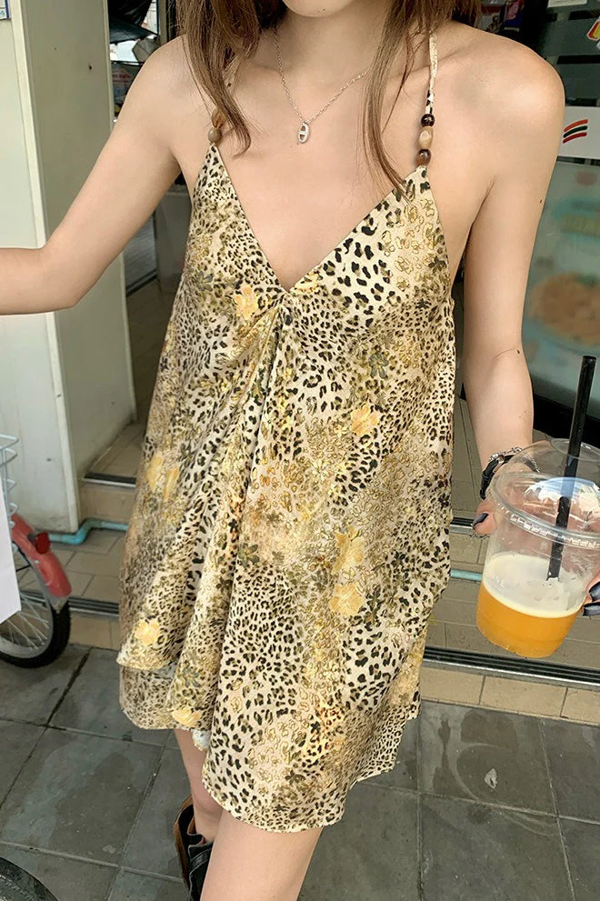 Chiffon V Neck Leopard Print Beaded Cami Top - Image 2