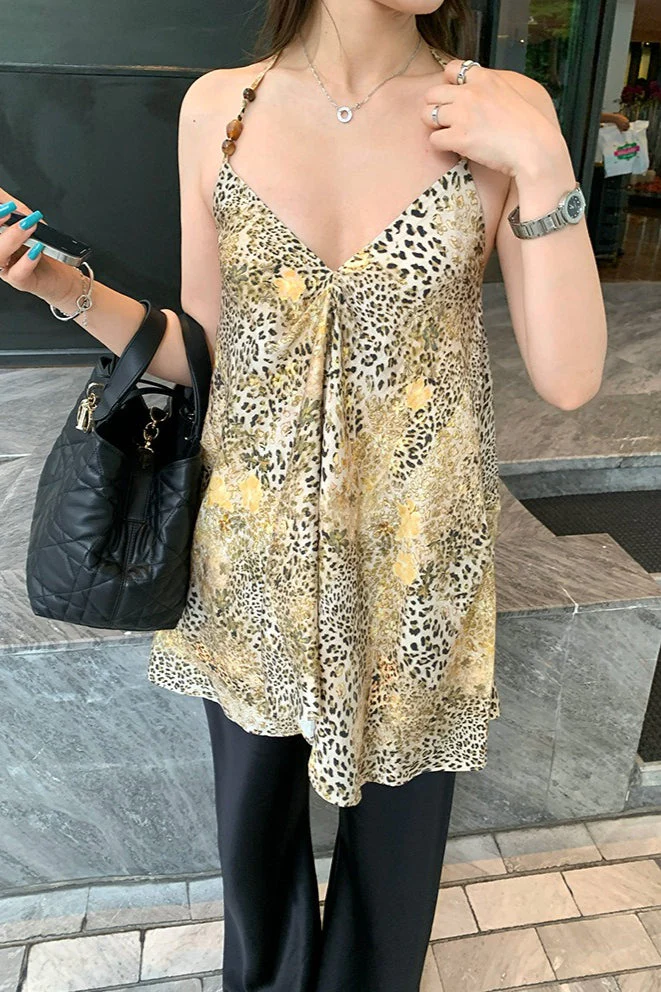 Chiffon V Neck Leopard Print Beaded Cami Top - Image 3