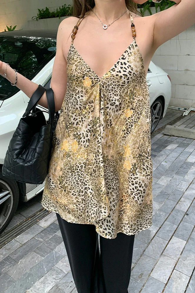 Chiffon V Neck Leopard Print Beaded Cami Top - Image 4