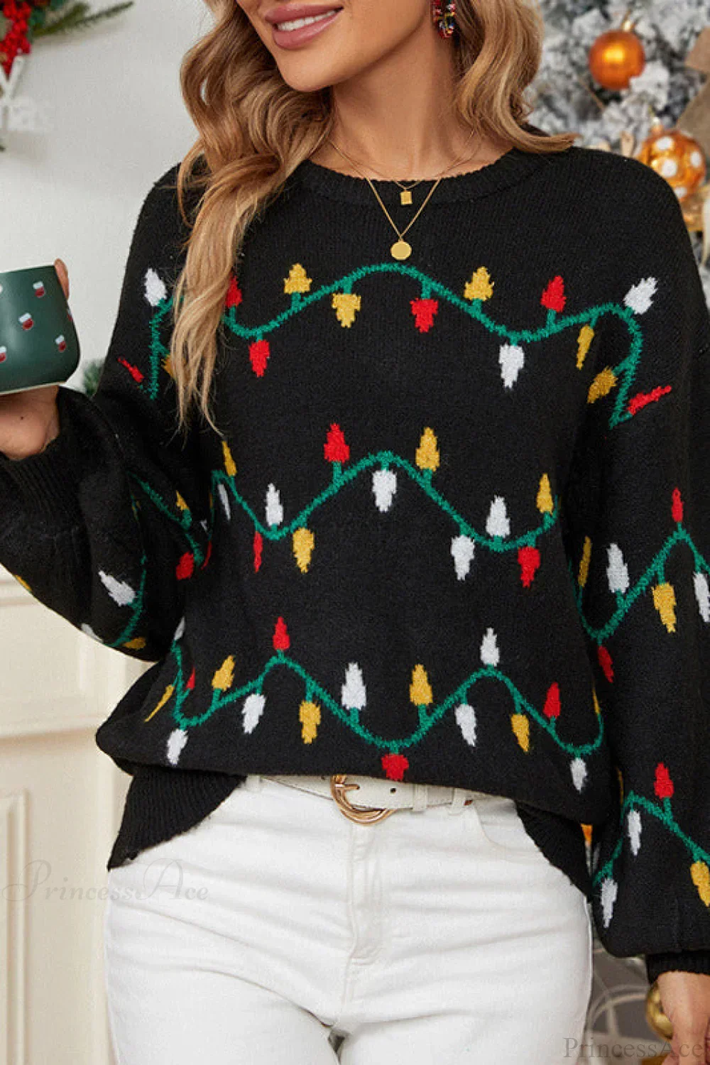 Christmas Light Sweet Loose Pullover Knit Sweater - Image 2