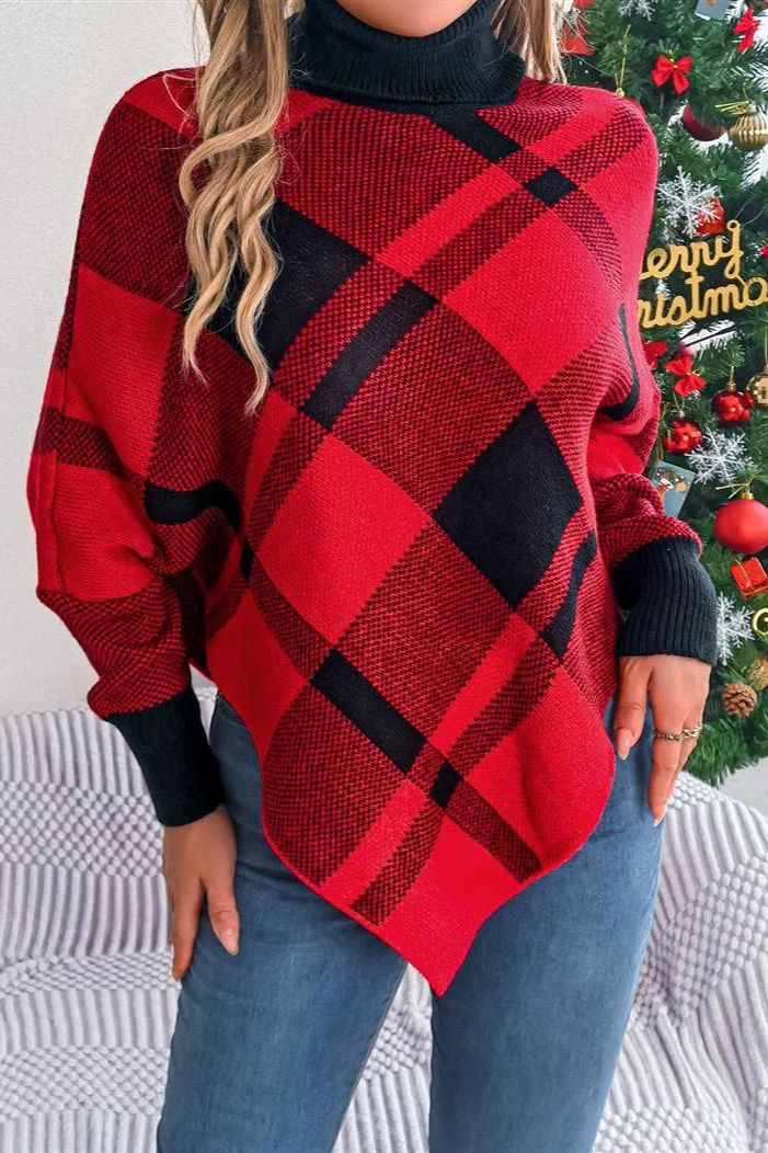 Plaid Contrast Turtleneck Cape Sweater - Image 2