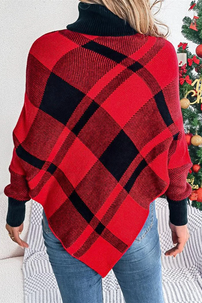 Plaid Contrast Turtleneck Cape Sweater - Image 3