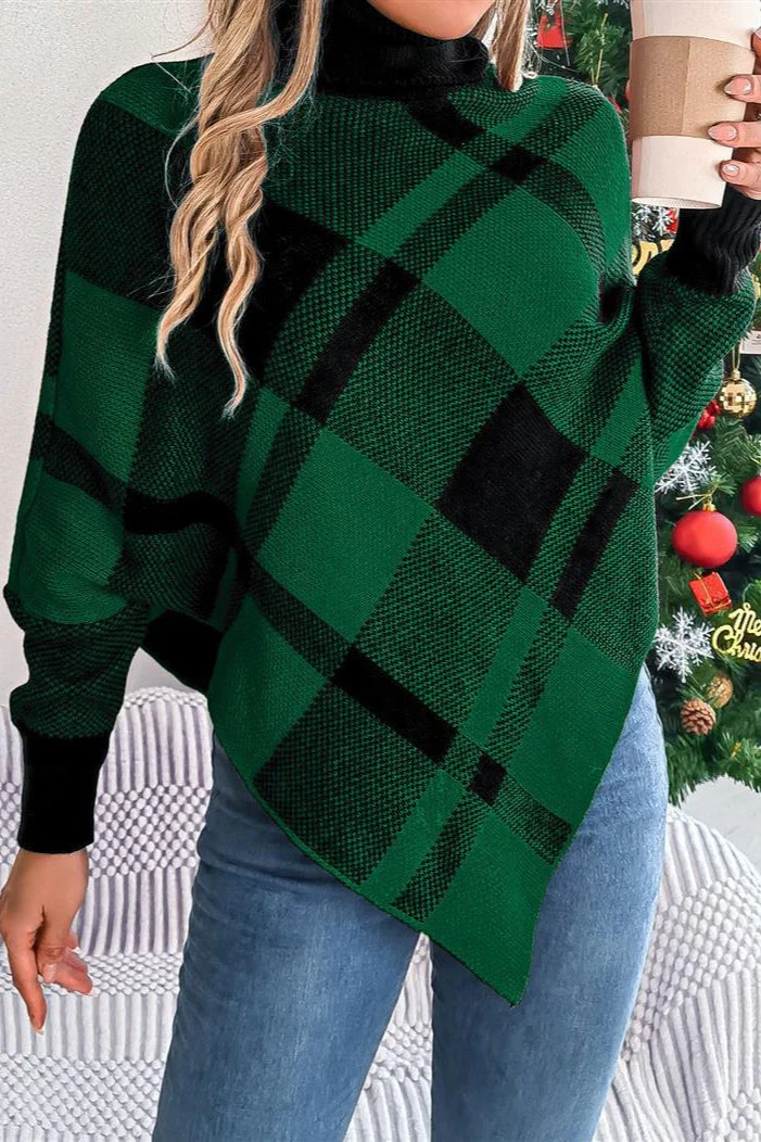 Plaid Contrast Turtleneck Cape Sweater - Image 4