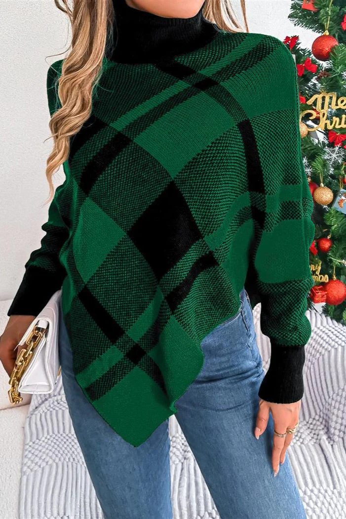 Plaid Contrast Turtleneck Cape Sweater - Image 5