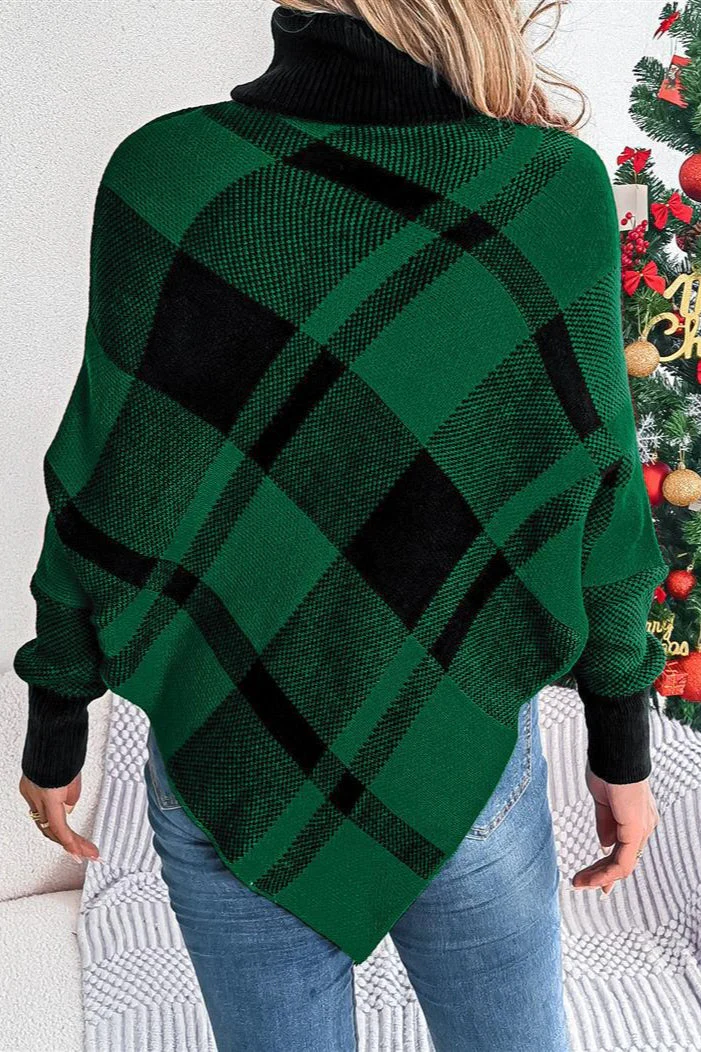 Plaid Contrast Turtleneck Cape Sweater - Image 6