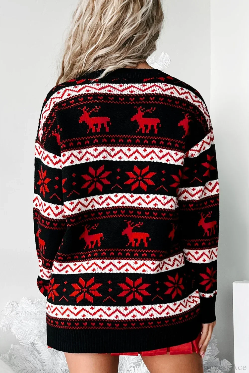 Christmas V Neck Elk Jacquard Color Block Knit Sweater - Image 3