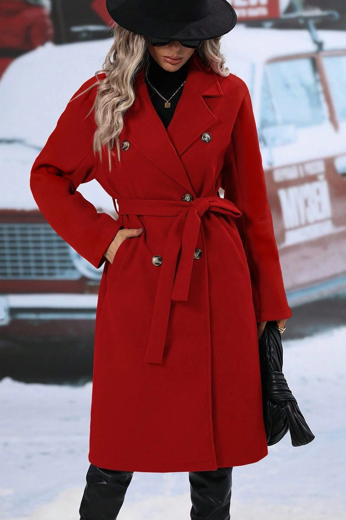 Classic Double Breasted Wool Belted Chic Overcoat - Image 2