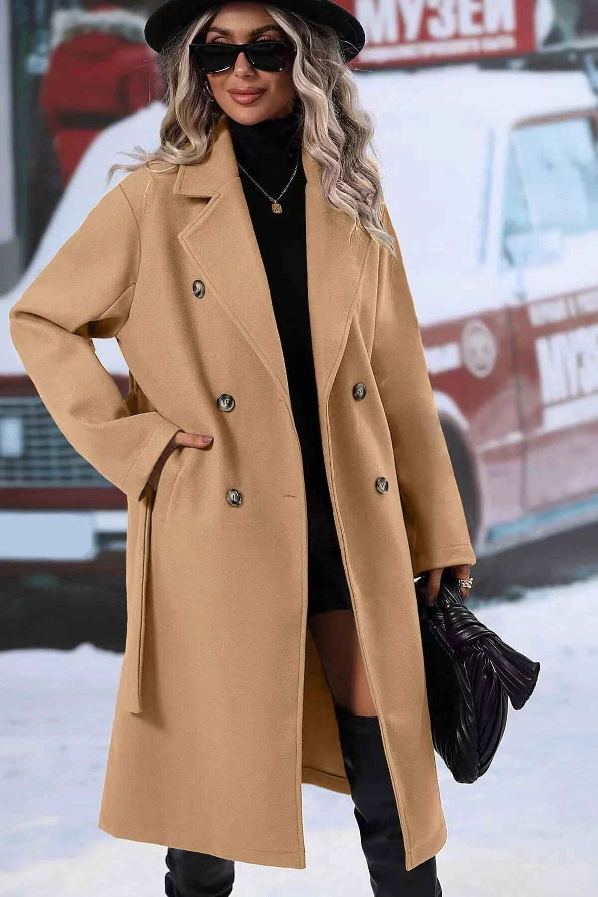 Classic Double Breasted Wool Belted Chic Overcoat - Image 5
