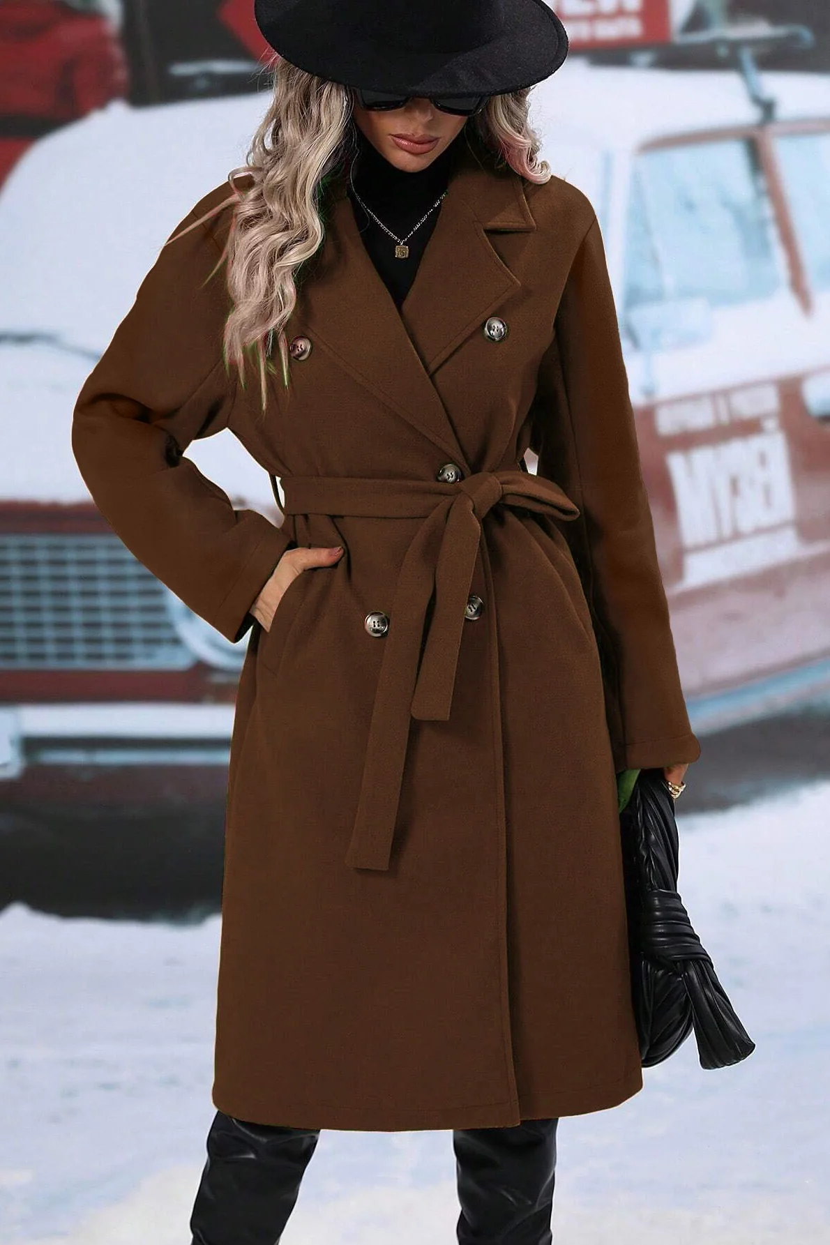 Classic Double Breasted Wool Belted Chic Overcoat - Image 7