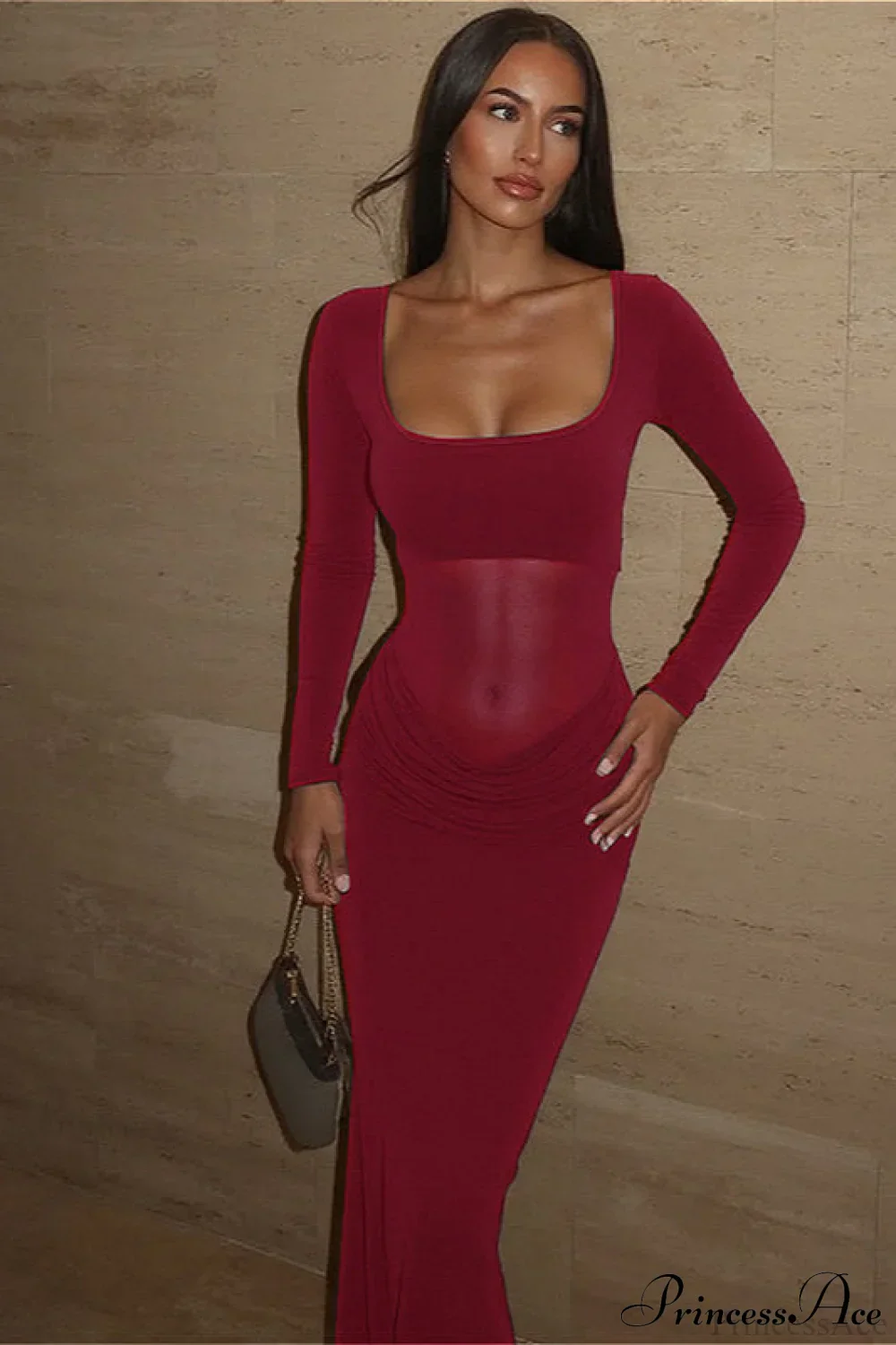 Classy Sheer Mesh Long Sleeve Slim Maxi Dress - Image 2