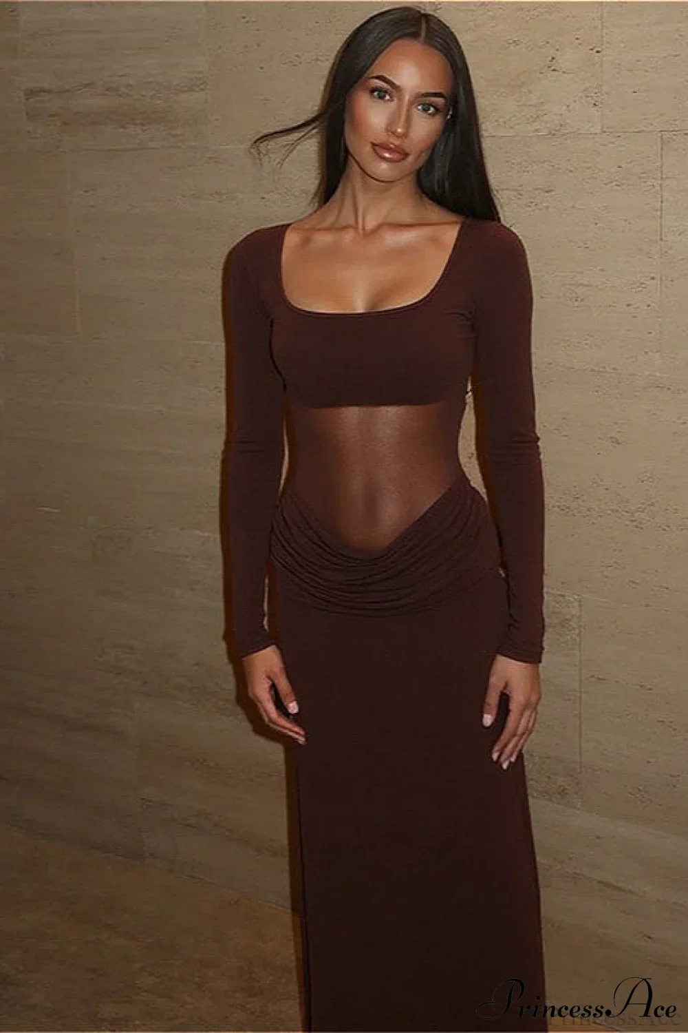 Classy Sheer Mesh Long Sleeve Slim Maxi Dress - Image 4