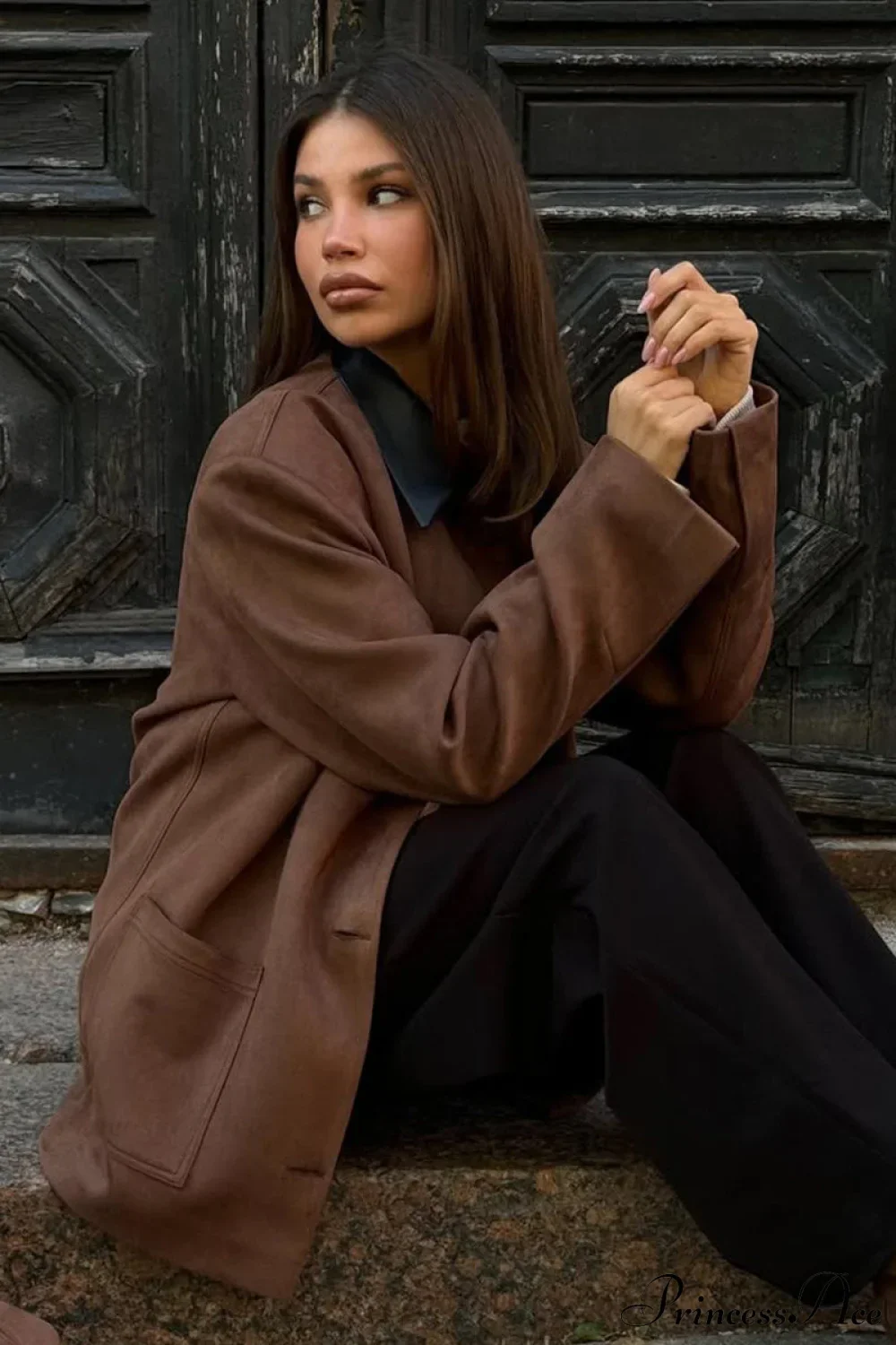 Coffee Suede Paneled Black Collar Loose Coat - Image 3