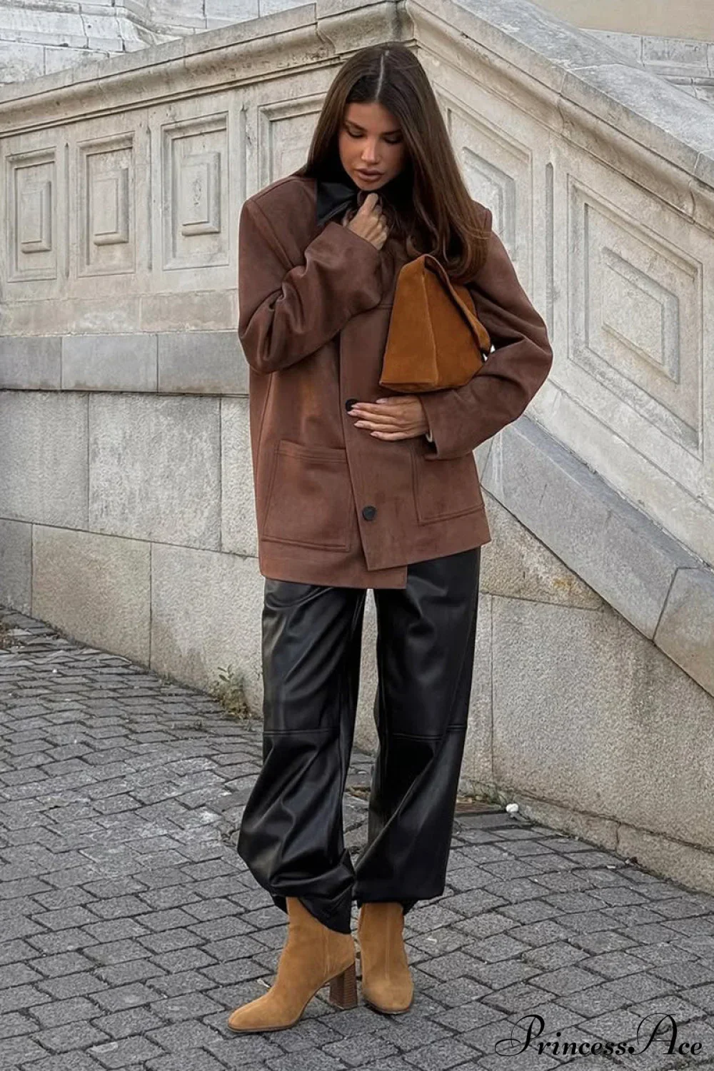 Coffee Suede Paneled Black Collar Loose Coat - Image 4