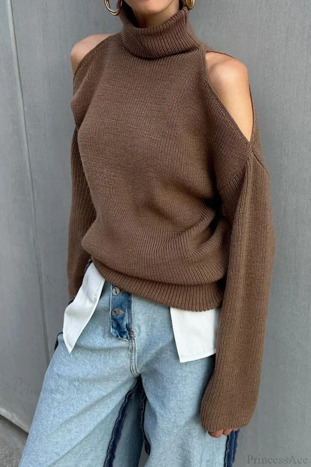 Cold Shoulder Turtleneck Loose Drape Knit Sweater - Image 2