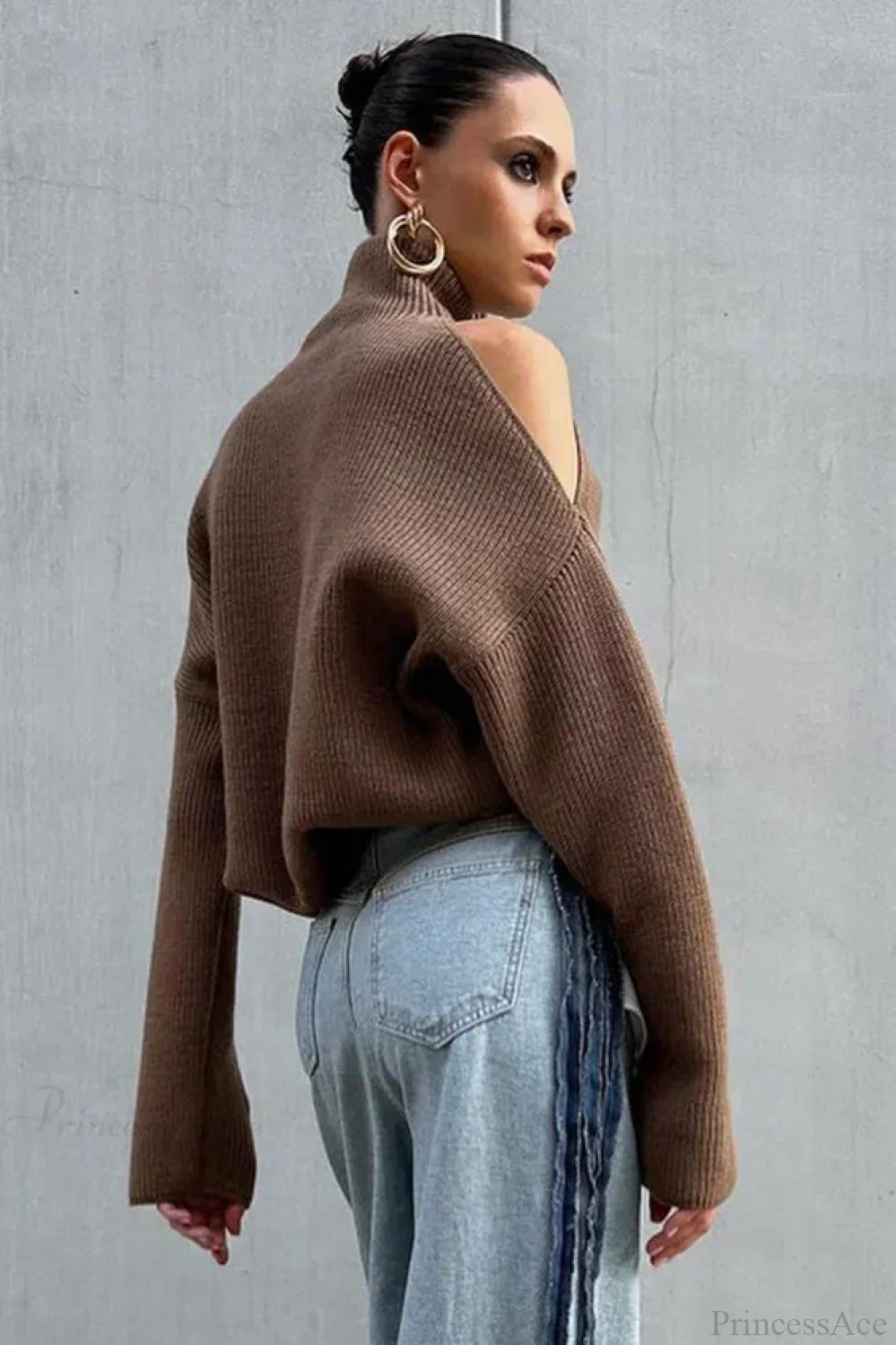 Cold Shoulder Turtleneck Loose Drape Knit Sweater - Image 3