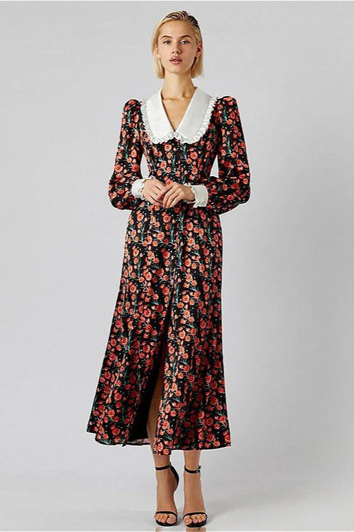 Collar Waist Cinched Stylish Floral Dress - Image 2