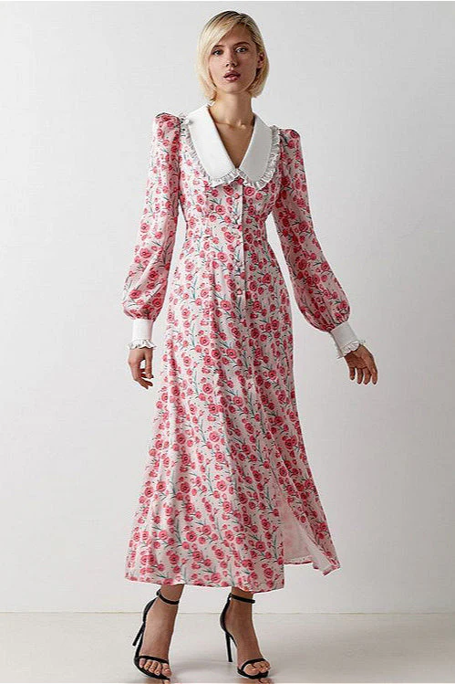 Collar Waist Cinched Stylish Floral Dress - Image 8