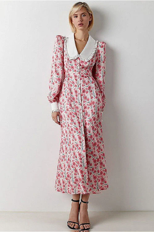 Collar Waist Cinched Stylish Floral Dress - Image 9