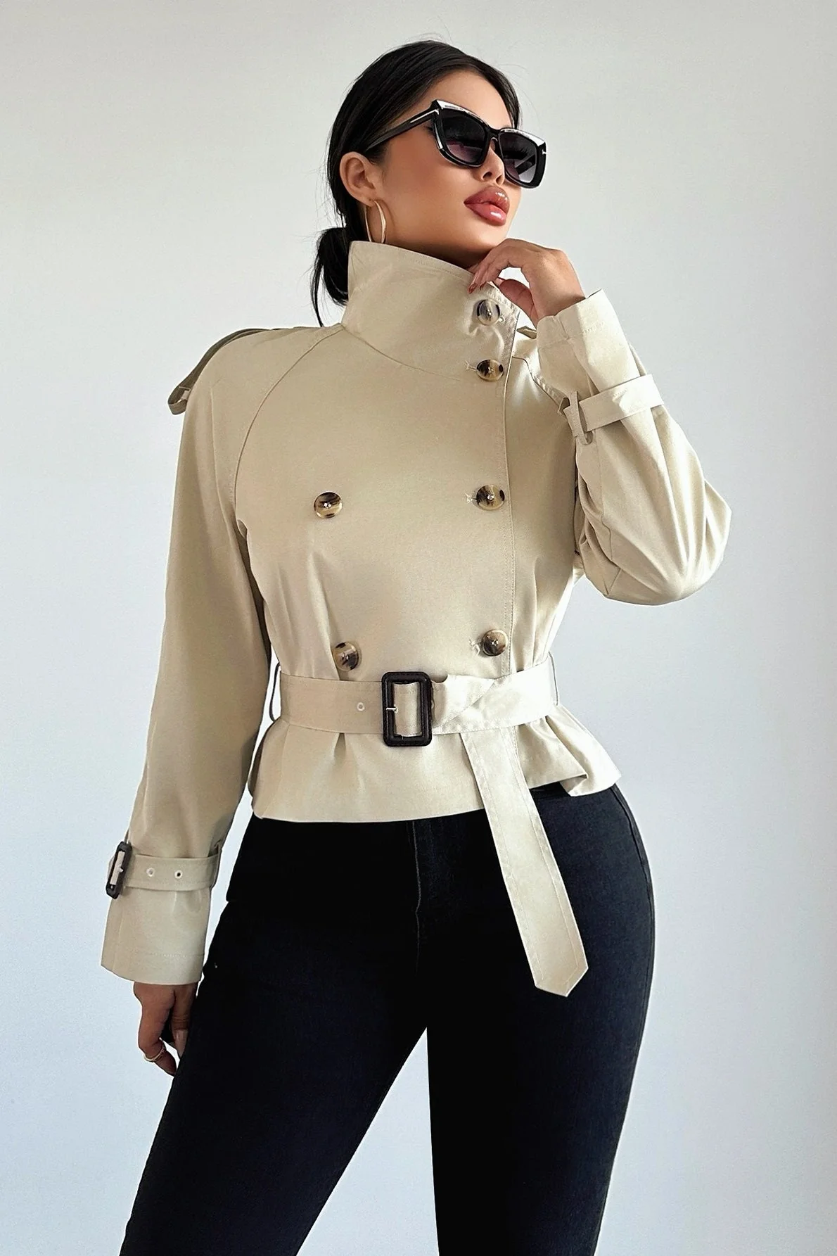 Collared Belted Buckle Short Trench Casual Women Jacket - Image 3