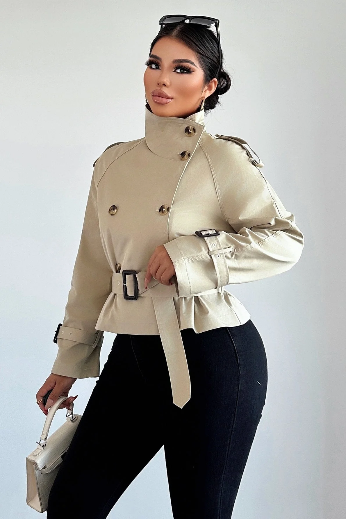 Collared Belted Buckle Short Trench Casual Women Jacket - Image 4
