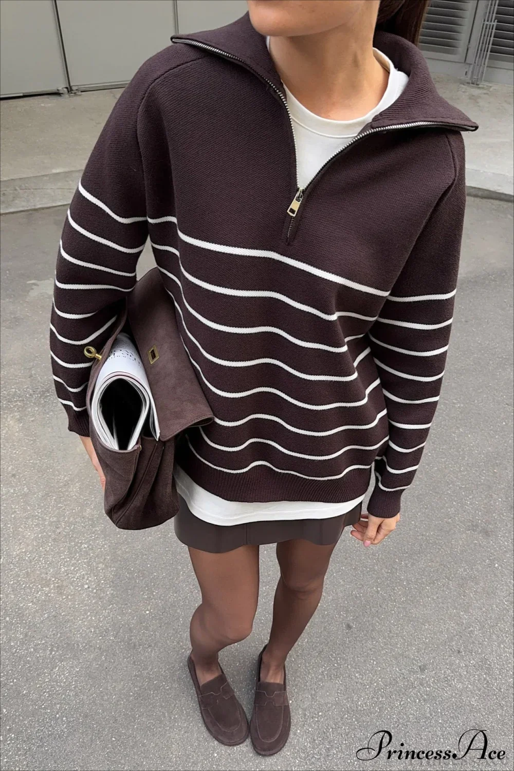 Collared Half Zip Soft Striped Long Sleeve Sweater - Image 2
