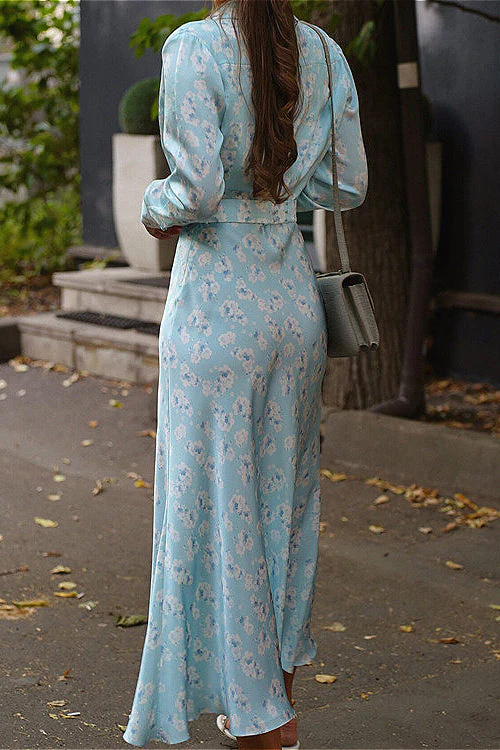 Collared Long Sleeve Satin High Waist Floral Dress - Image 4