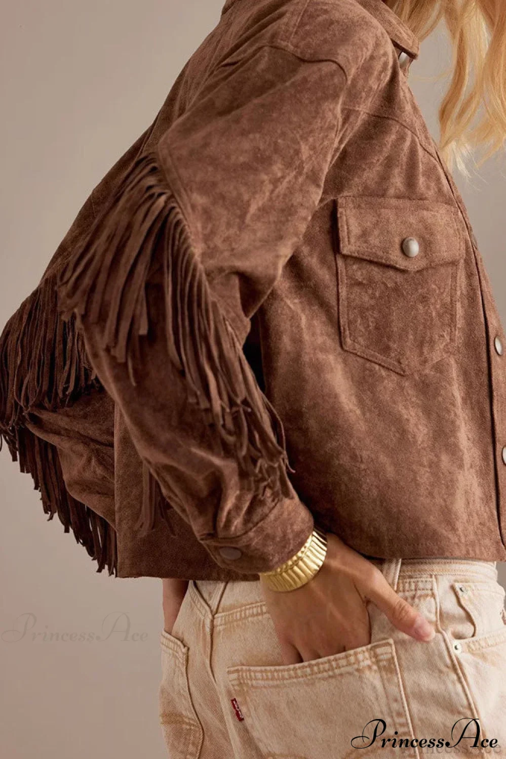 Collared Microsuede Tassel Long Sleeve Coat - Image 2