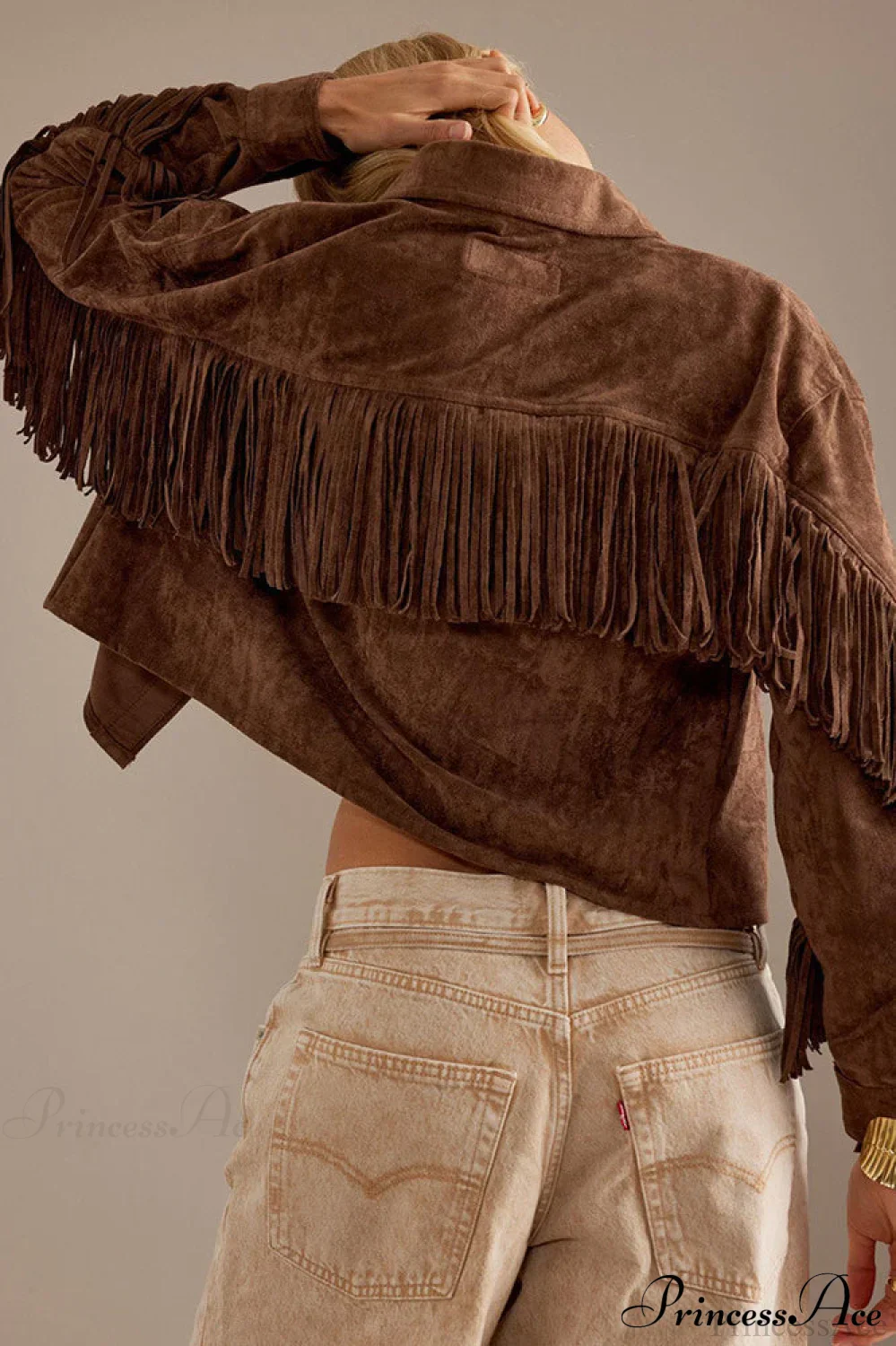 Collared Microsuede Tassel Long Sleeve Coat - Image 3