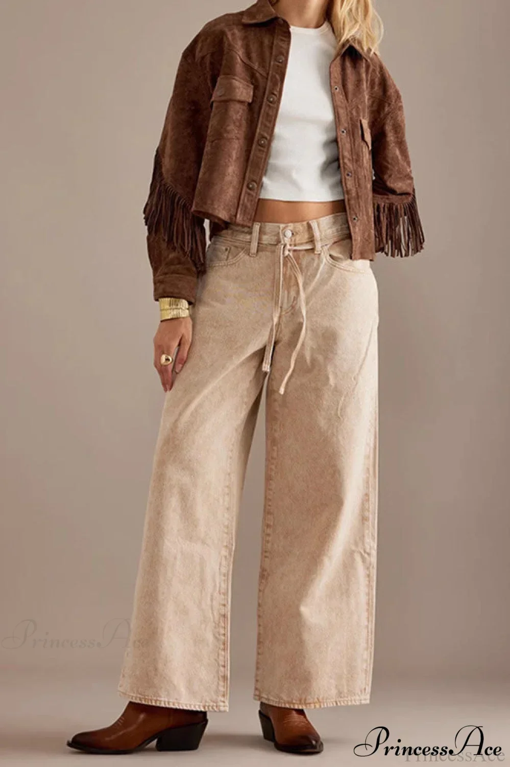 Collared Microsuede Tassel Long Sleeve Coat - Image 4
