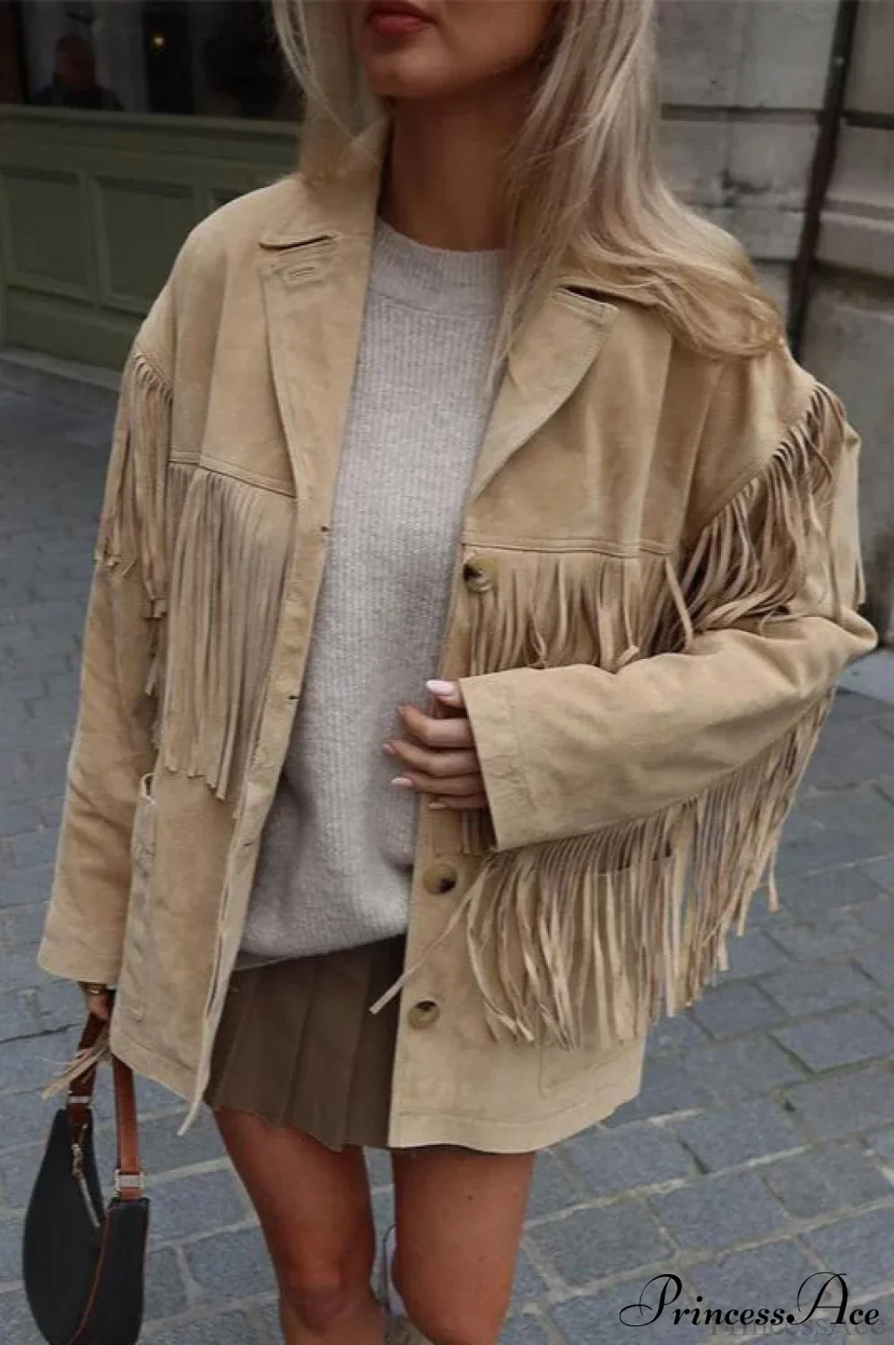 Collared Microsuede Tassel Long Sleeve Coat - Image 5