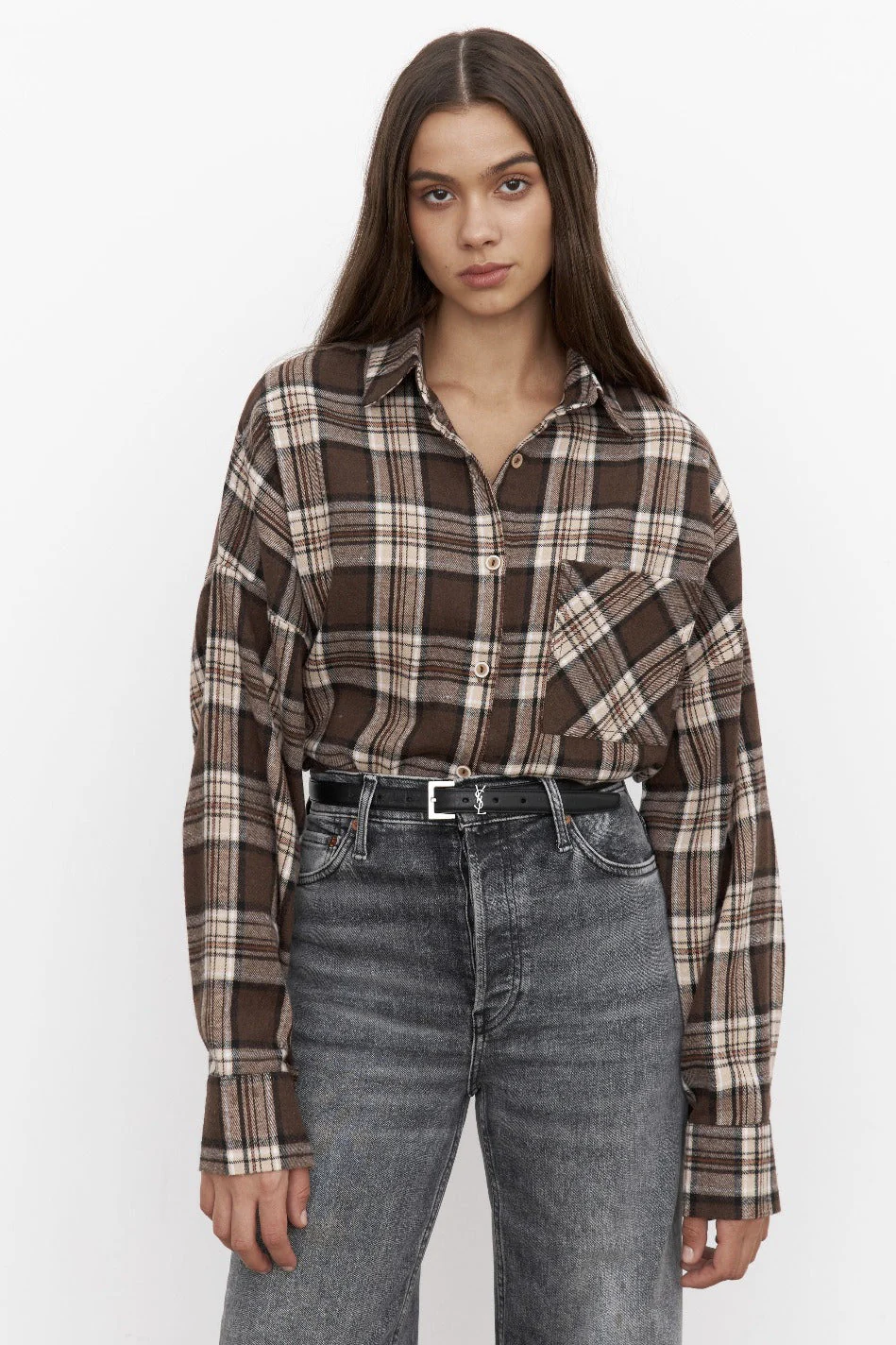 Collared Plaid Pocket Long Sleeve Shirt Blouse - Image 3