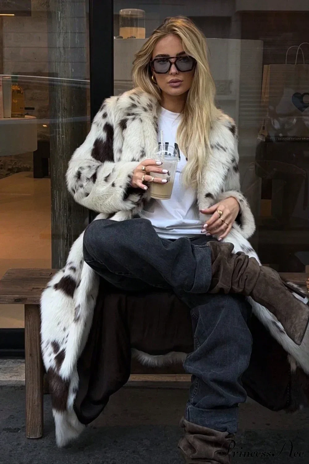 Color Block Animal Print Faux Fur Long Overcoat - Image 4