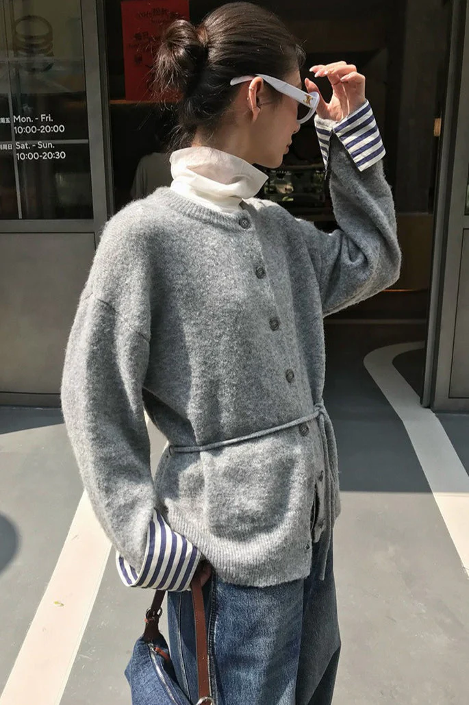 Color-Block Belted Lazy-Style Knit Cardigan - Image 6
