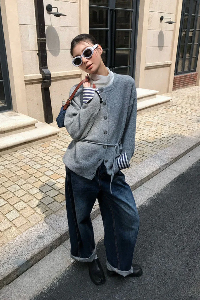 Color-Block Belted Lazy-Style Knit Cardigan - Image 8