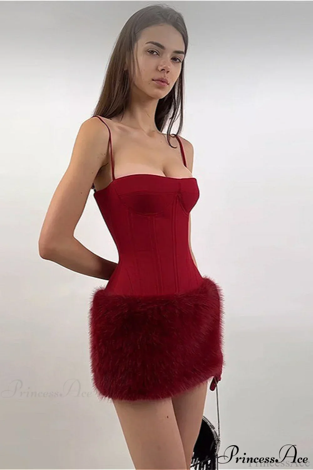 Color Block Faux Fur Spaghetti Strap Corset Party Dress - Image 3