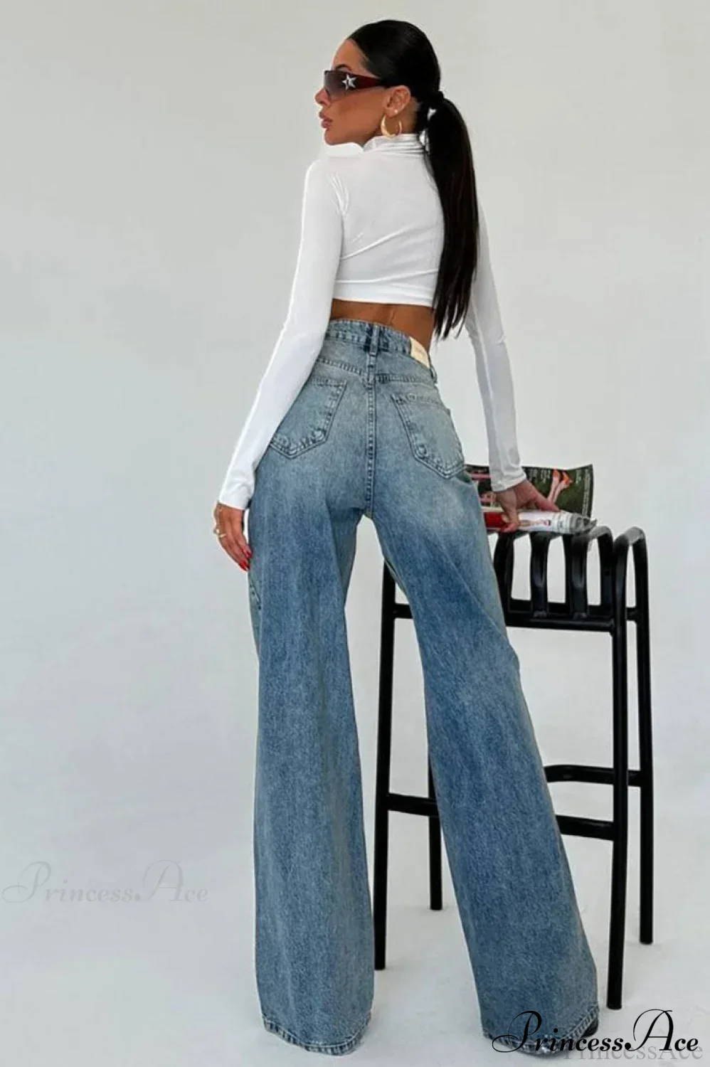 Color Block High Waist Slim Fit Straight Wide Leg Jeans - Image 2