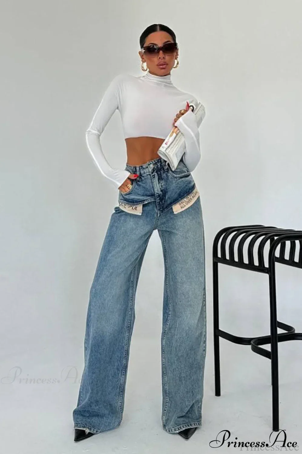 Color Block High Waist Slim Fit Straight Wide Leg Jeans - Image 3
