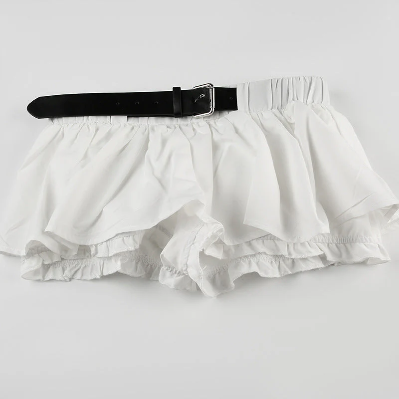 Color Block Low Waist Belt Ruffle A Line Mini Skirt - Image 4