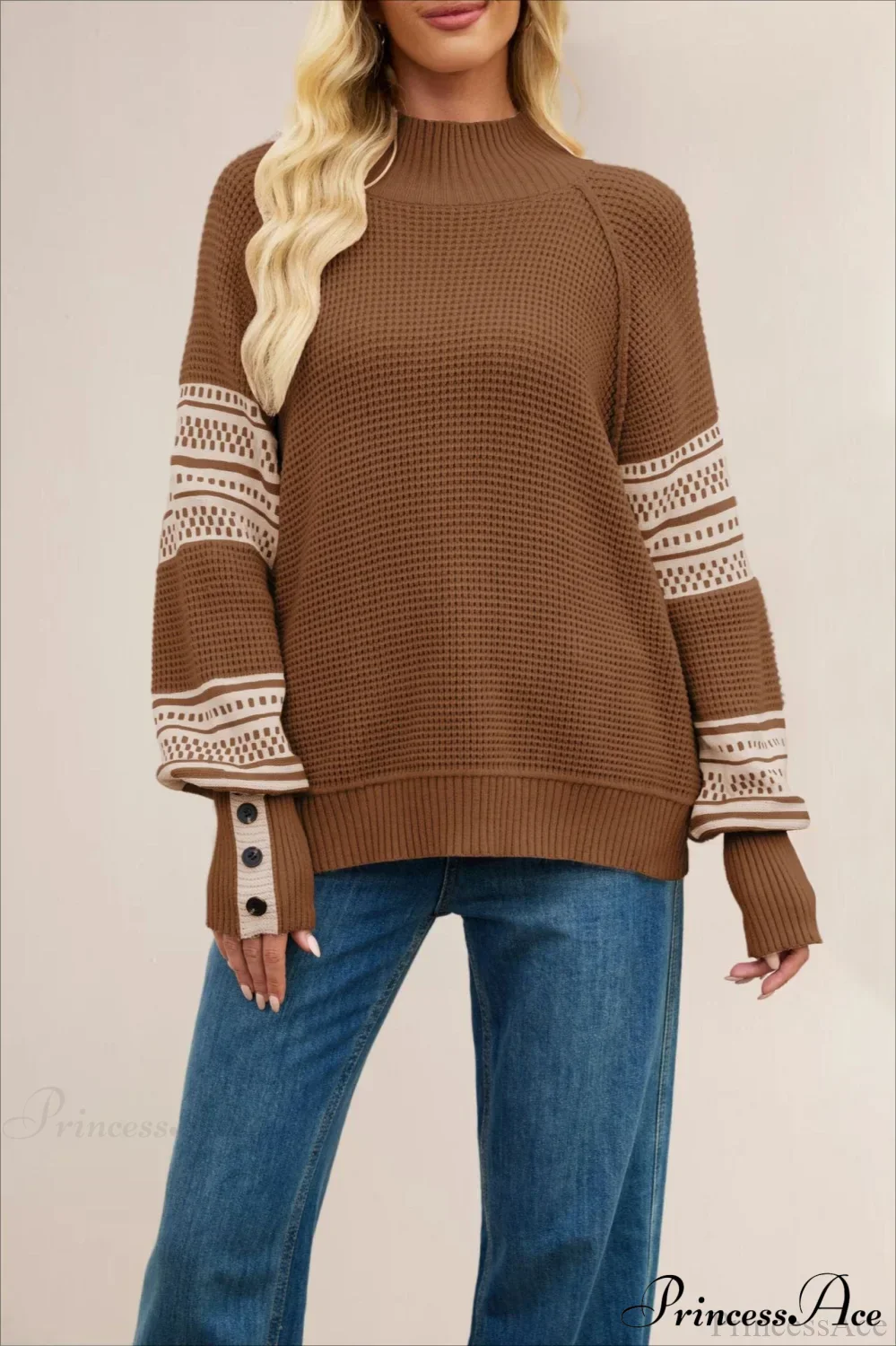 Color-Block Mock Neck Fashion Knit Sweater - Image 2