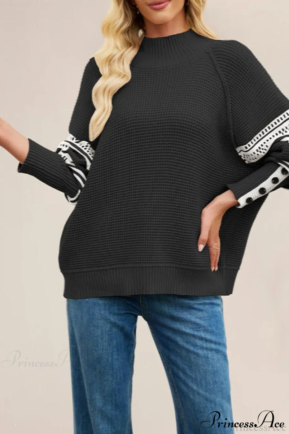Color-Block Mock Neck Fashion Knit Sweater - Image 4