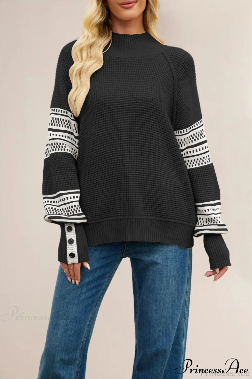 Color-Block Mock Neck Fashion Knit Sweater - Image 5