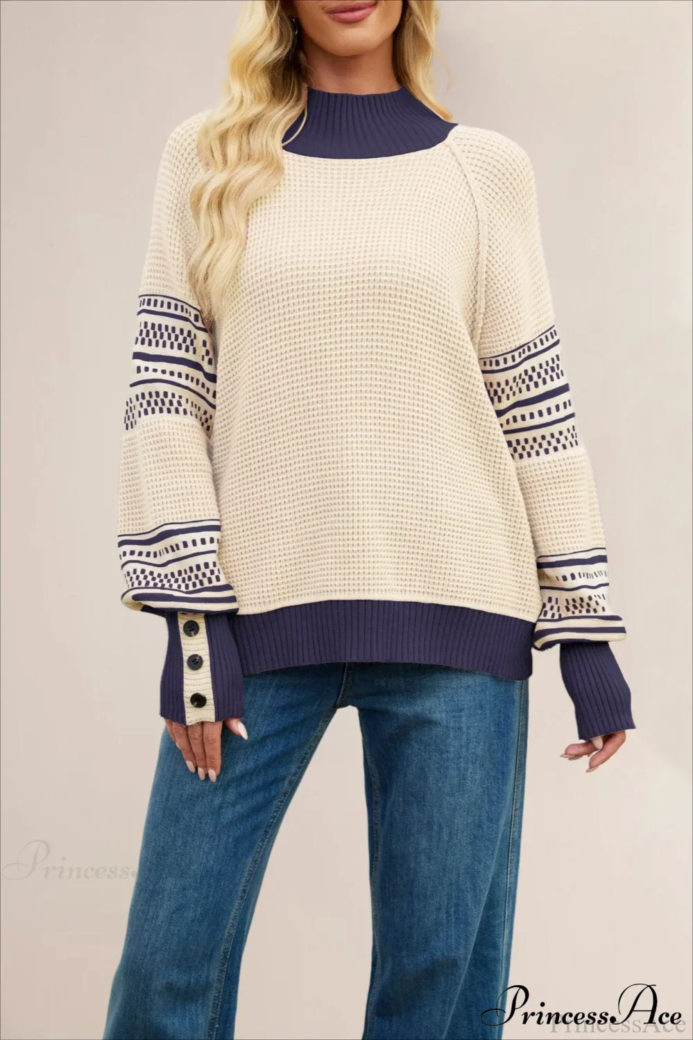 Color-Block Mock Neck Fashion Knit Sweater - Image 6