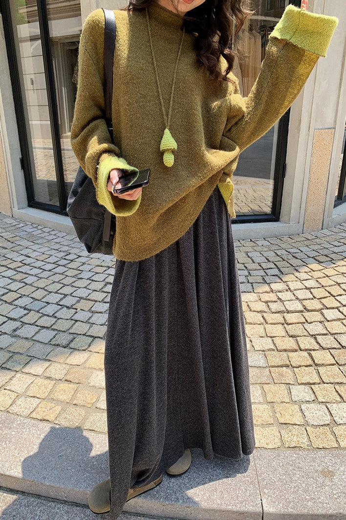 Color-Block Mock Neck Loose Lazy-Style Knit Sweater - Image 10