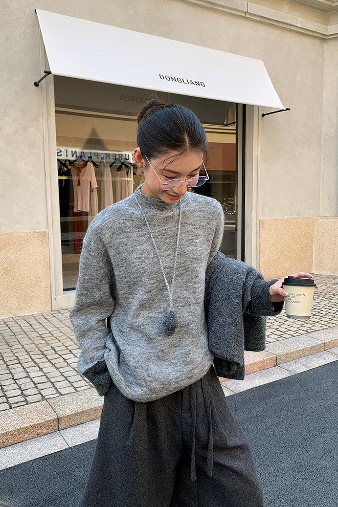 Color-Block Mock Neck Loose Lazy-Style Knit Sweater - Image 13